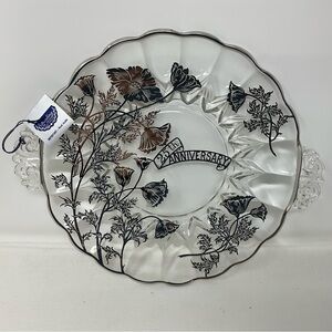 Vintage 25th Anniversary Plate Platter W/Silver Overlay Sterling On Crystal 12”